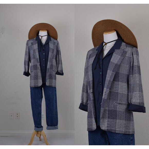 Vintge 90s Blue Plaid Oversized Blazer | size S‎ - Picture 1 of 10